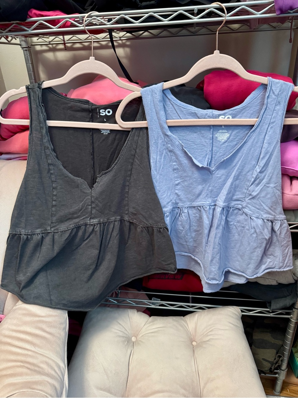 Bundle of 2 : SO Women's Peplum Tank Top - Gray/Black & Light Blue - Large
